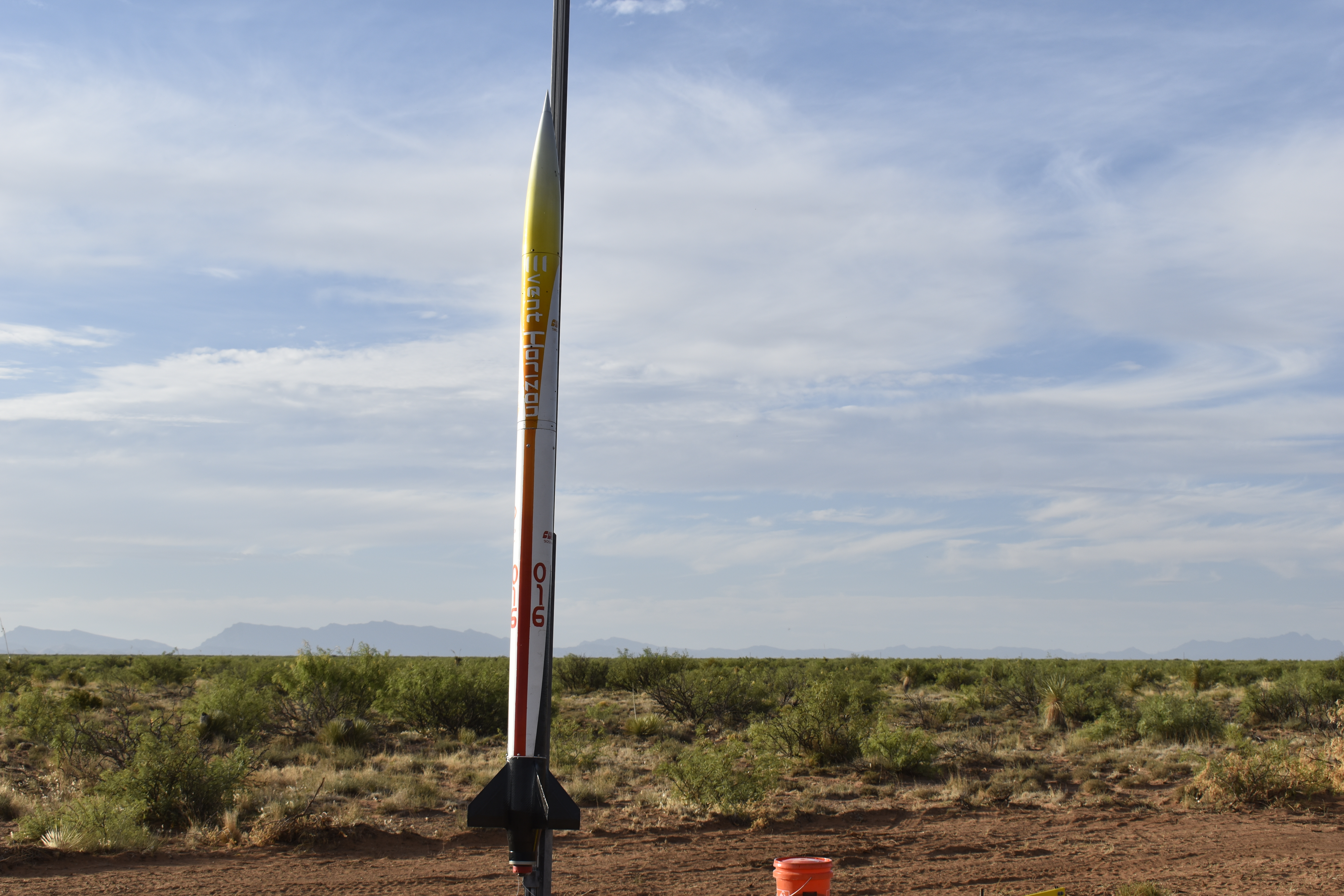 Image of the entire rocket on the rail with final surface finish.